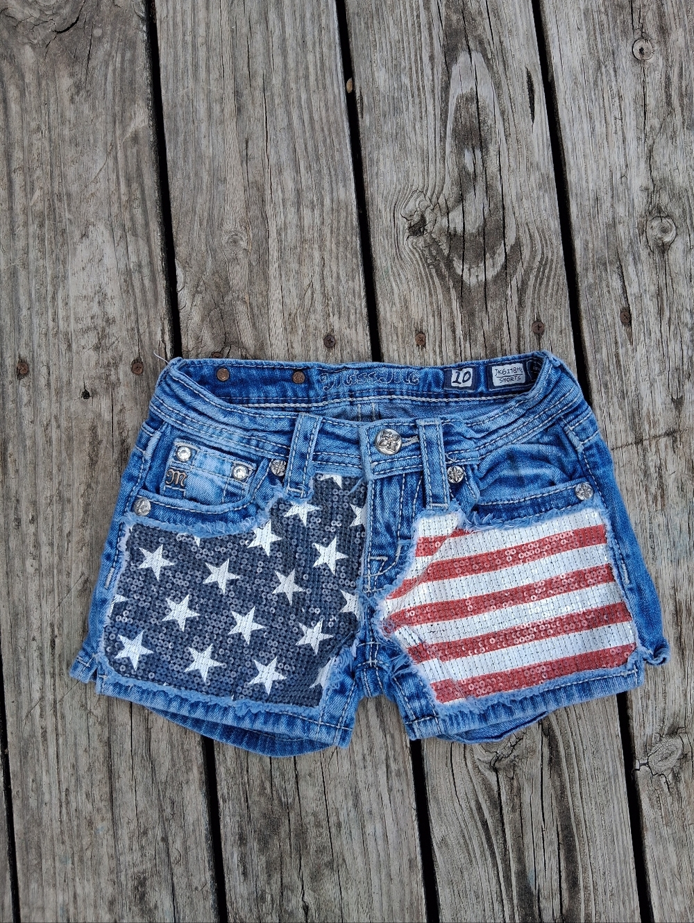 Miss Me Girls Denim Shorts with American Flag Sequin Stars and Stripes